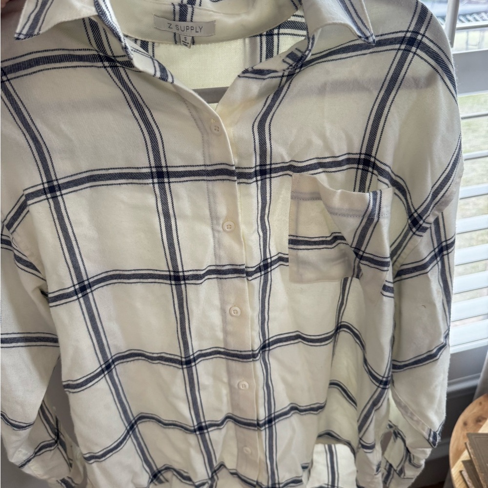 Z Supply Cream and Navy Checkered Shirt